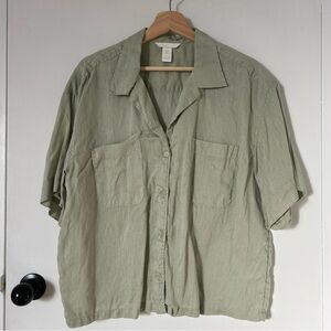 H&M SAGE GREEN LINEN SHORT SLEEVE SHIRT SIZE M